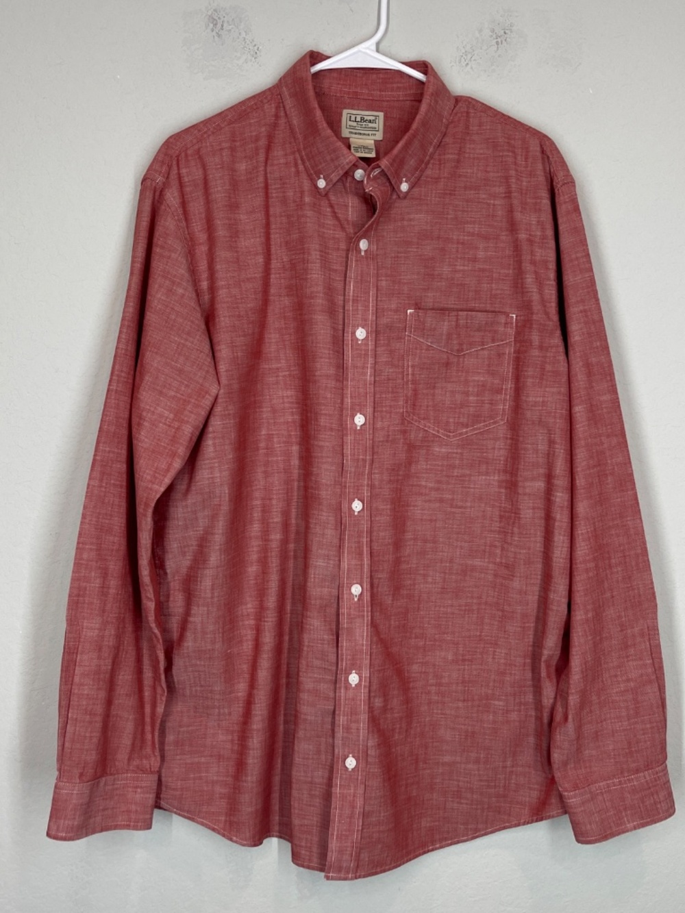 LL Bean Traditional Fit Shirt Men's L Tall Chambray Red Button Down Cotton